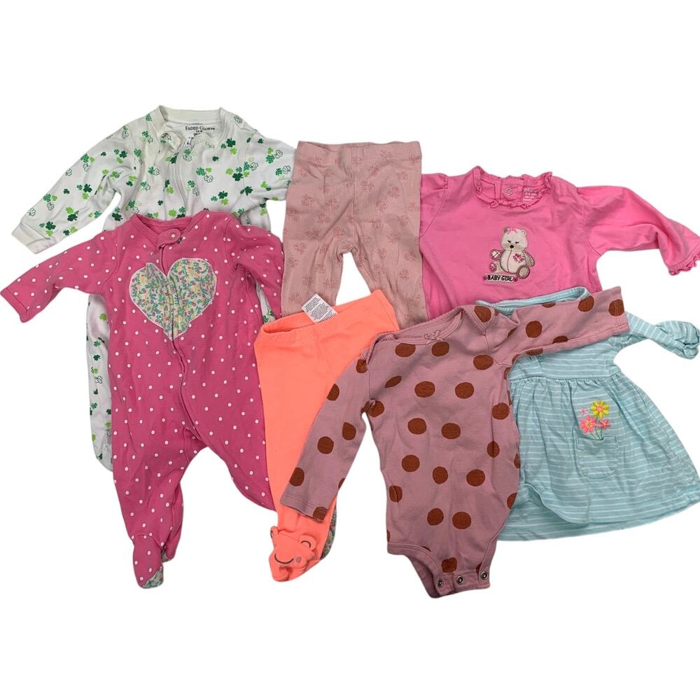 7 Baby Girls 3 Months Long Sleeve One Piece Zip Up Sleepers Clothes Lot